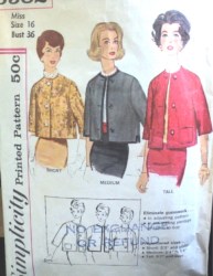 3582 SIMPLICITY 1960S TALL, MEDIUM, SHORT PROPORTION BOXY JACKET PATTERN 16 36''